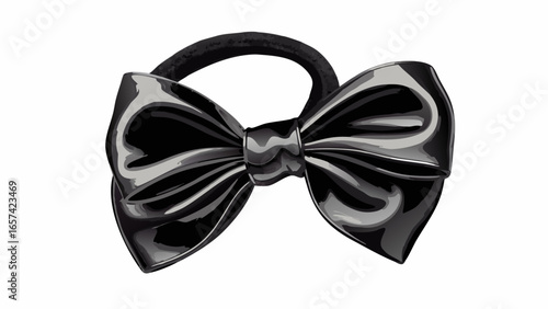 A shiny black bow tie hair tie with a loop resting on a white background, showcasing its elegant design