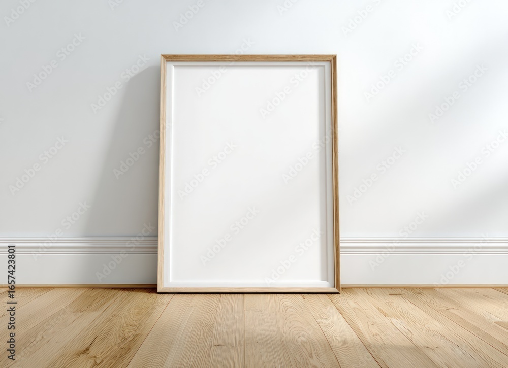 Framed blank print leaning on wall over parquet floor Framed blank print leaning on wall over parquet floor