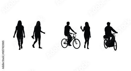 Silhouettes of people walking and riding a bicycle in various poses