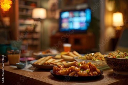 Plates of spring rolls, sweet and sour chicken, and fried rice on a wooden table in a cozy living room with TV glowing.
