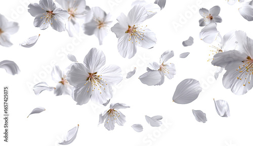 White cherry blossoms and petals in motion against a black background.  