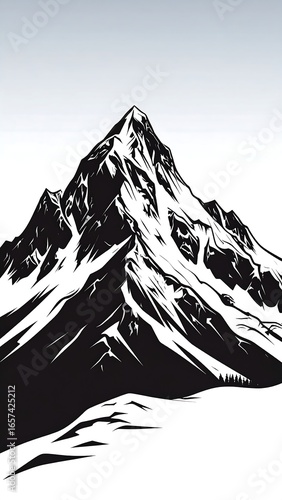 Stark black and white illustration of a snow-capped mountain peak