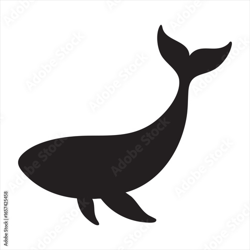 A striking black silhouette of a whale with its tail elegantly curved upwards, showcasing its distinctive silhouette style