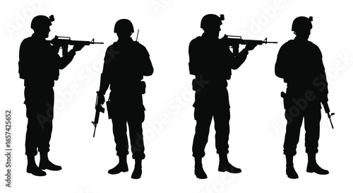 Silhouettes of soldiers in various poses with guns and helmets on white background