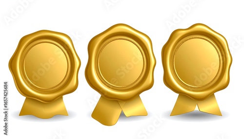 Three golden wax seals with ribbons, isolated on white