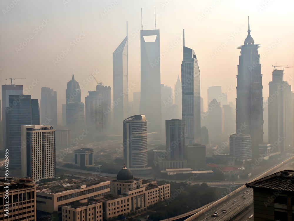 Fototapeta premium Panoramic view of modern skyscrapers in a hazy city skyline at sunrise with warm light