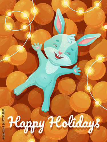 A festive New Year card. A cute rabbit surrounded by mandarins and glowing garlands, perfect for holiday greetings.
