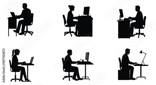 Silhouettes of people working at desks with computers and laptops in office settings