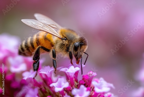 Close-up of a bee collecting nectar from vibrant pink flowers in springtime