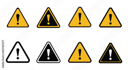 Warning signs with exclamation marks in different colors and styles silhouette