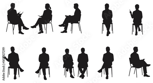 Silhouettes of people sitting in various poses on chairs in two rows
