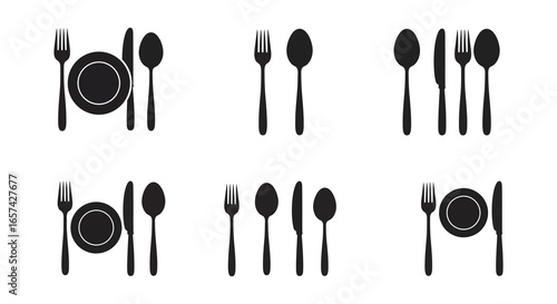 A collection of black silhouettes of cutlery and plates on a white background