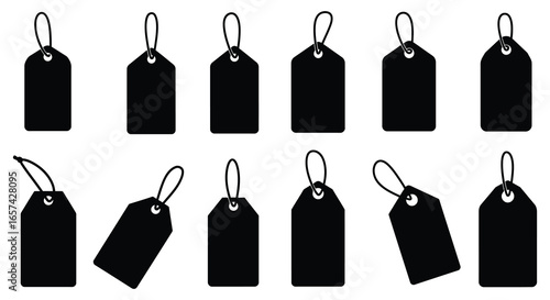 Collection of black price tags with and without strings on white background silhouette