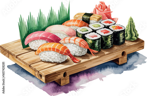 A meticulously arranged sushi platter displayed on a traditional wooden board, featuring a variety of nigiri and maki rolls. 