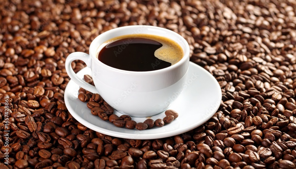 Close-up of fresh hot black coffee with roasted coffee beans and saucer Close-up of fresh hot black coffee with roasted coffee beans and saucer