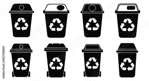 Collection of recycling bins with different lid styles on white background silhouette