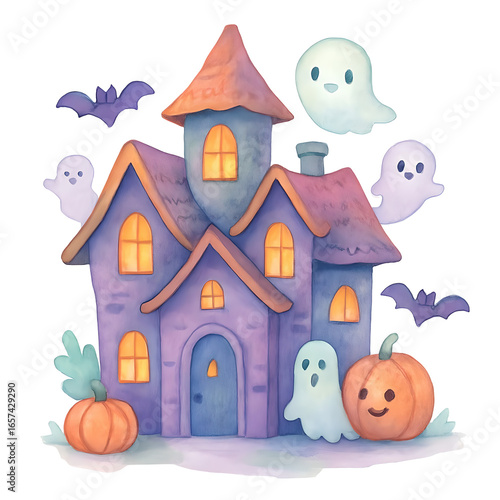 A charming house surrounded by playful ghosts, creating a spooky yet inviting Halloween scene