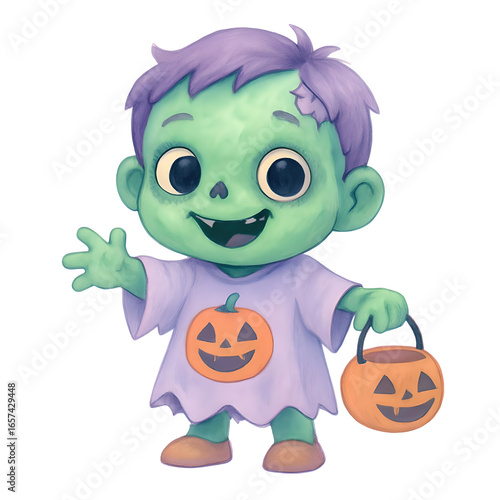 Cartoon Character Dressed as Frankenstein Holding a Pumpkin, Celebrating Halloween with Fun and Creativity
