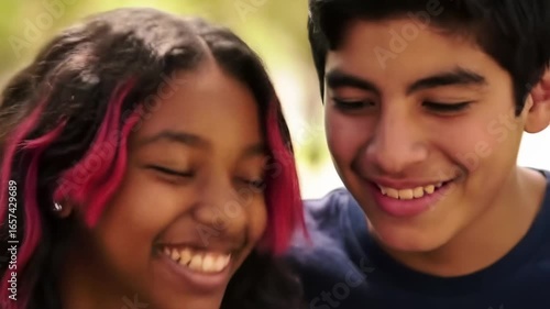 Smiling diverse teenagers enjoying outdoor interaction closeup portrait