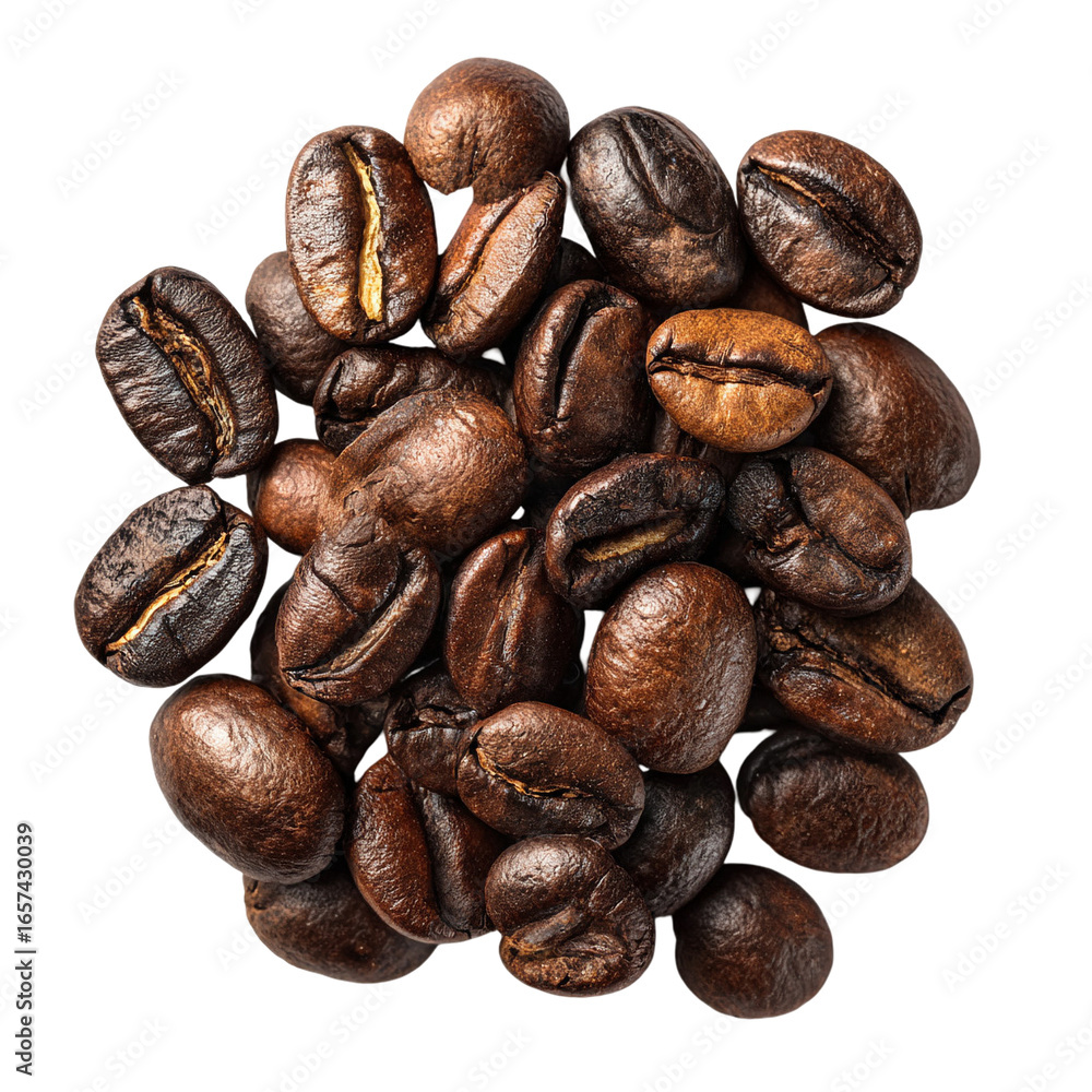 Obraz premium Roasted pile of coffee beans closeup on transparent background
