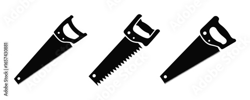 Three hand saw tools in a row silhouette