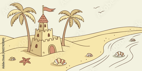 Illustration of beach scene with sandcastle palm trees and seashells summer vacation drawing for kids vector art stock photo on transparent background