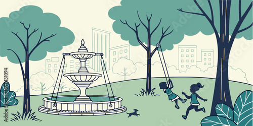 City park scene with fountain trees children playing and dog running in a happy outdoor environment stock photo on transparent background