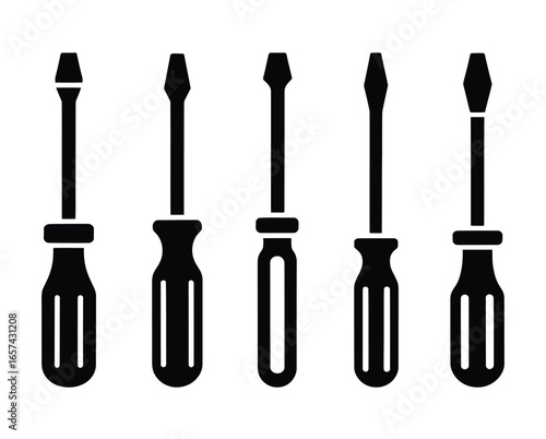 Collection of five screwdriver tools in black silhouette