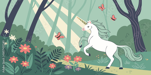 Unicorn in enchanted forest illustration with flowers and butterflies fantasy art for children and adults stock photo on transparent background