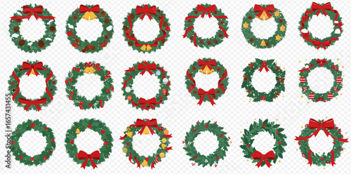 A collection of festive Christmas wreath illustrations decorated with red bows, bells, and berries.