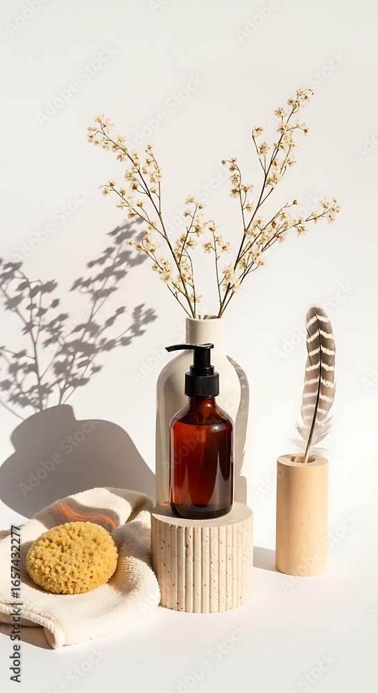 Naklejka premium Still life composition with amber glass bottle and delicate white flowers in a vase