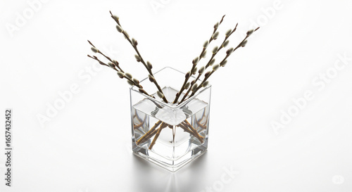 Soft pussy willow branches with fluffy catkins arranged in a clear glass vase with water, isolated on a bright transparent background, symbolizing spring.
