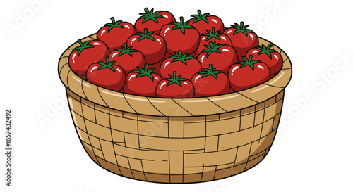 High-quality vector PNG image of a wicker basket overflowing with ripe red tomatoes, ideal for food packaging design, recipe illustrations, or fresh produce marketing materials.