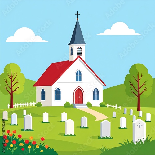 Church Cemetery Hillside Spring Landscape Illustration