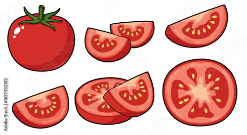 Vibrant red tomato and slices presented in a clean, isolated vector illustration, perfect for culinary or healthy eating designs.