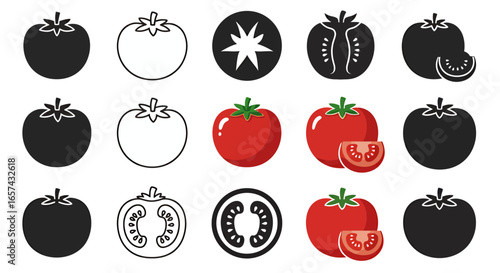 Collection of vector tomato icons and illustrations in various styles, including silhouette, outline, and full color, perfect for food and health related designs.