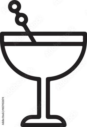 Minimalist line art icon of a cocktail glass with a garnish on a white background