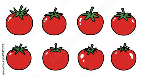 Eight fresh, ripe red tomatoes with green stems are cleanly illustrated as versatile vector graphics, isolated on a pristine white background.