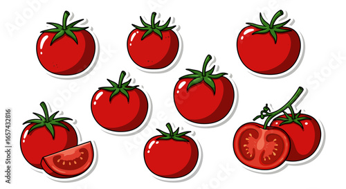 Collection of ripe red tomatoes, some whole and one sliced in half, presented as a vibrant vector illustration with a transparent background.