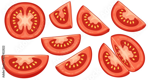 High-quality vector PNG illustrations of sliced tomatoes, perfect for culinary websites, food blogs, and restaurant menus, offering vibrant, realistic depictions ideal for print or web use.