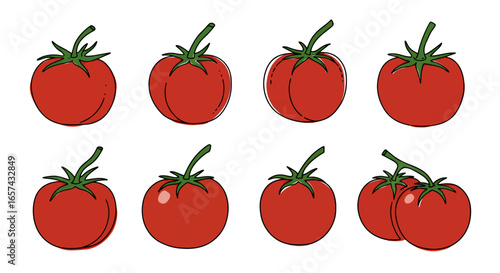 Collection of vibrant red tomatoes with green stems, presented as flat vector illustrations on a clean white background, perfect for food design.