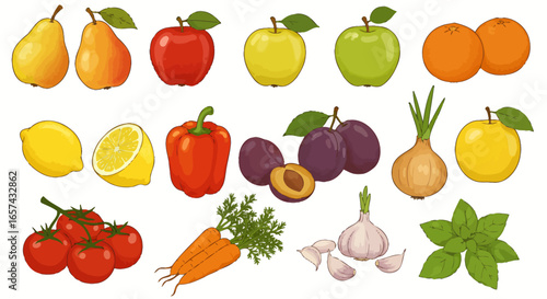 High-quality vector PNG illustrations of fresh, ripe tomatoes and other assorted fruits and vegetables, perfect for culinary websites, healthy food blogs, and vibrant recipe designs.