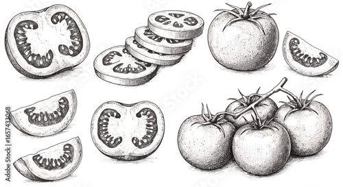 Detailed black and white vector illustration of fresh tomatoes, sliced and whole, showcasing their textures and internal structures, perfect for culinary or agricultural design projects.