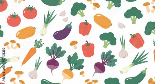 Vibrant vector PNG seamless pattern featuring fresh vegetables like tomatoes, carrots, and broccoli, perfect for food blogs, packaging, or kitchen designs.
