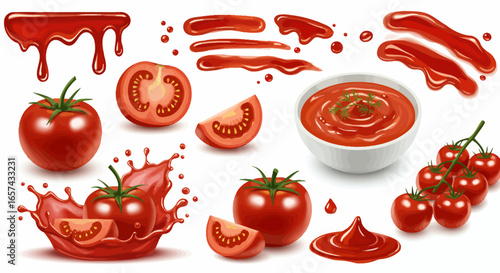 Vibrant collection of fresh tomatoes and ketchup splashes, showcasing healthy ingredients and delicious sauces in a dynamic and appetizing presentation.