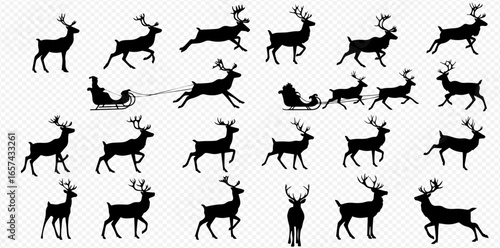 A collection of black Christmas reindeer silhouettes in various poses, including running, jumping, and pulling Santa's sleigh.