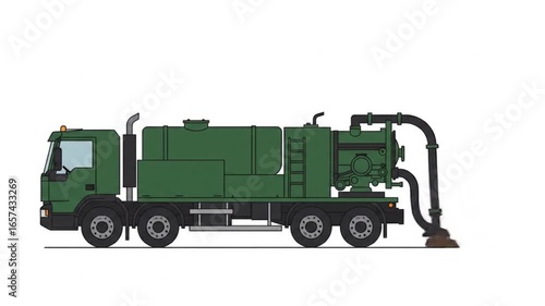 Cartoon Style Green Septic Tank Truck on Plain Background