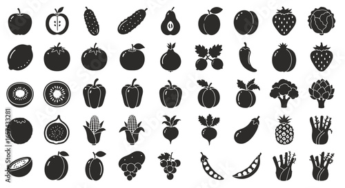 A collection of diverse fruit and vegetable icons in a clean, modern vector graphic style, perfect for healthy eating and culinary themes.