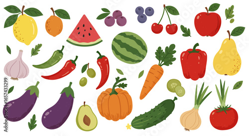 Vibrant vector PNG illustrations of fresh fruits and vegetables, perfect for adding a healthy and colorful touch to your designs, websites, or marketing materials.