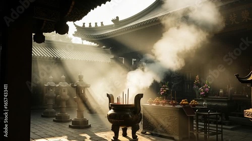 Serene Temple Courtyard: Incense Smoke Sunbeams and Ancient Architecture.